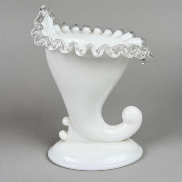 Fenton White Milk Glass Cornucopia Vase – Ruffled Edge Silver Crest – 6" Tall - Picture 1 of 8